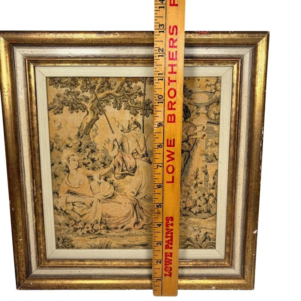 Vintage French Rococo Style Framed Tapestry Wall Art Pastoral Garden Scene 12x13